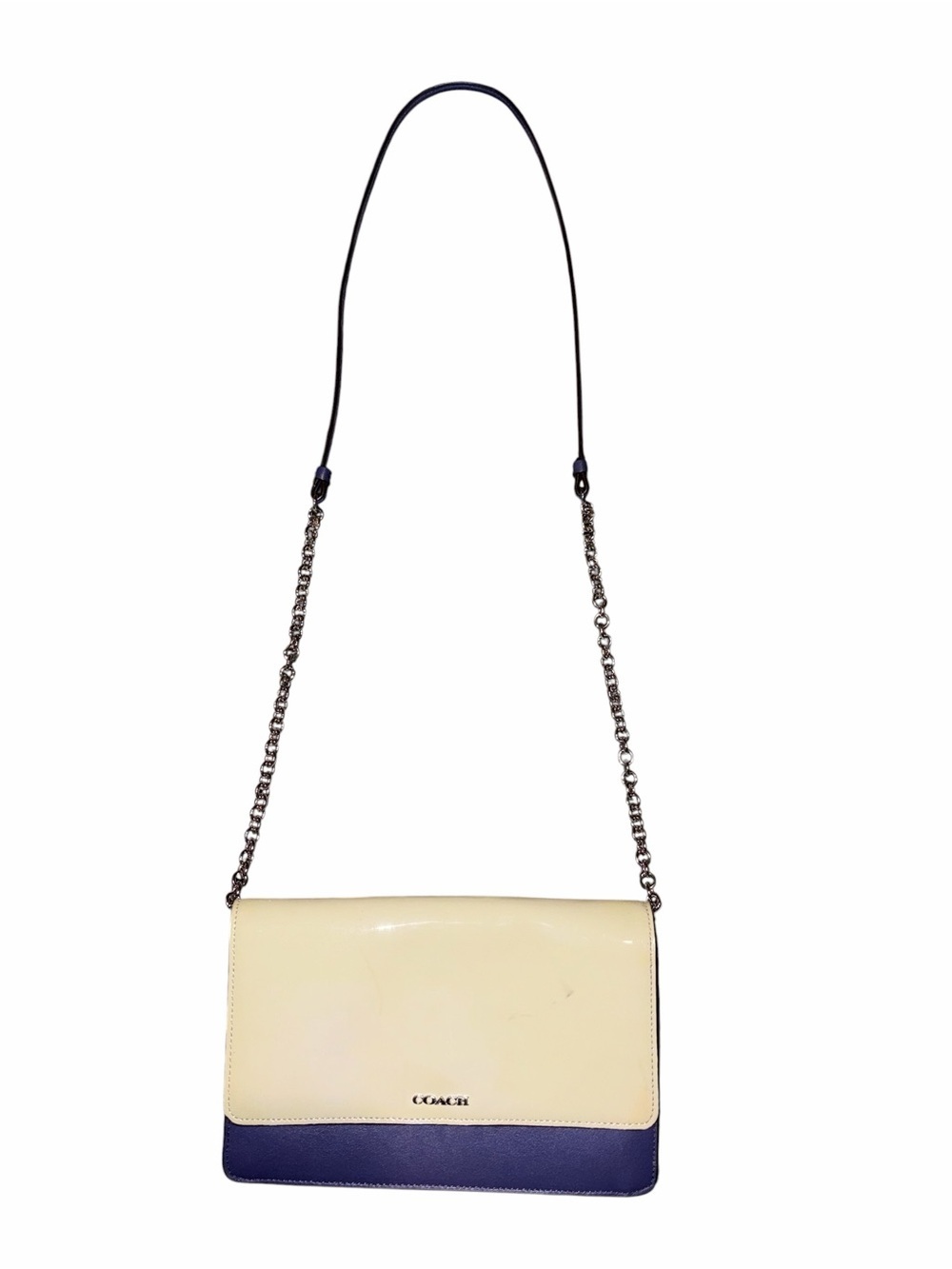 🎉HP!🎉 Coach Saffiano Colorblock Patent Leather Crossbody Bag Taupe Navy Silver